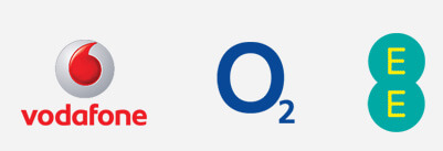02, EE and Vodafone logos